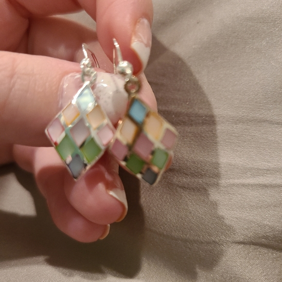 Multicolor shell inlay Sterling silver drop earrings - Picture 3 of 5